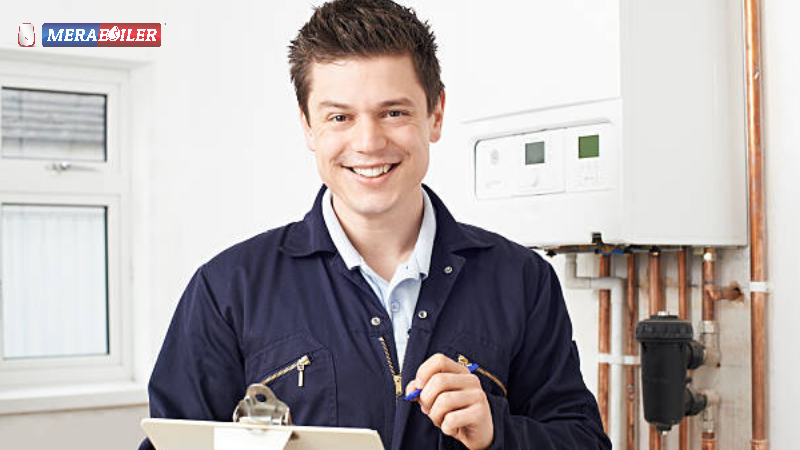 Homeowner checking boiler warranty and insurance coverage for emergency repairs